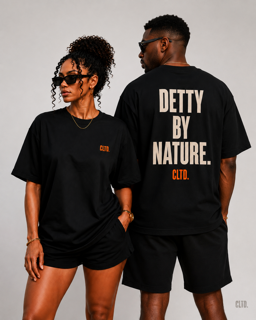 Male and female models wearing Detty By Nature CLTD. black T-shirts
