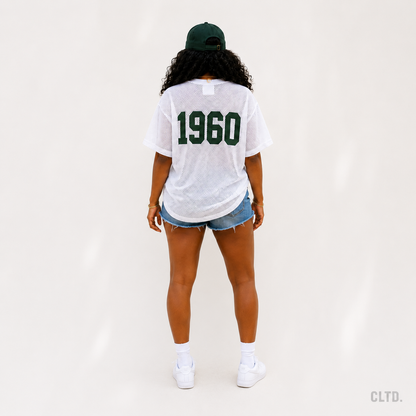 Naija 1960 white mesh jersey – women’s full back view with green 1960