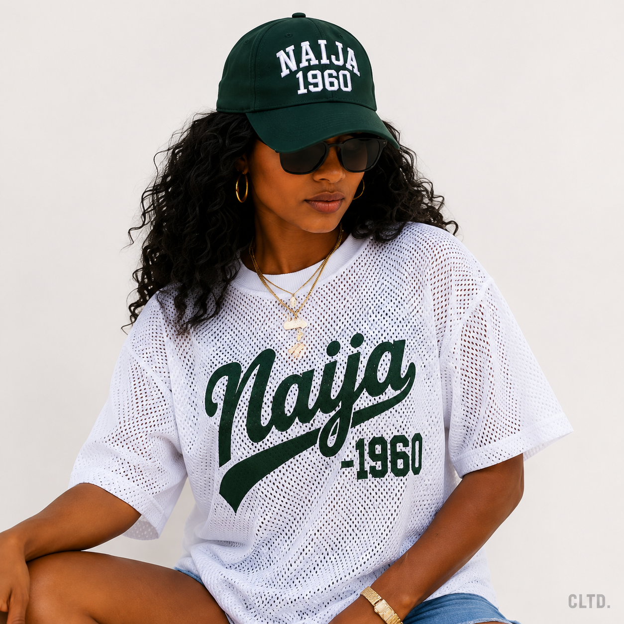 Naija 1960 white mesh jersey – women’s front graphic close-up