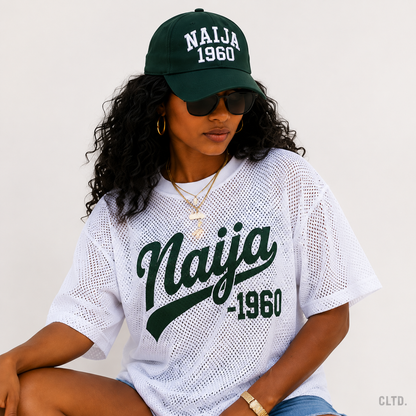 Naija 1960 white mesh jersey – women’s front graphic close-up