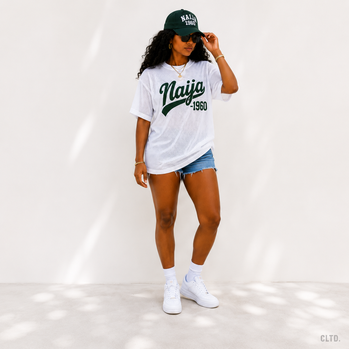 Naija 1960 white mesh jersey – women’s standing front view