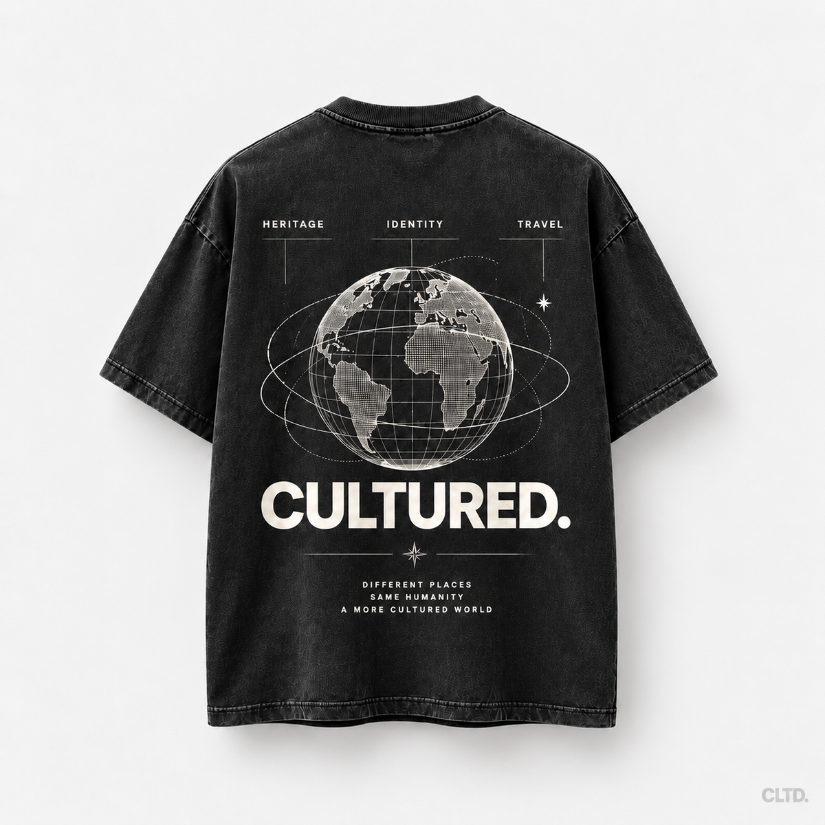 CULTURED. Heritage Identity Travel T-Shirt back with globe graphic