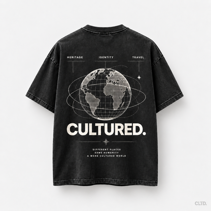 CULTURED. Heritage Identity Travel T-Shirt back with globe graphic