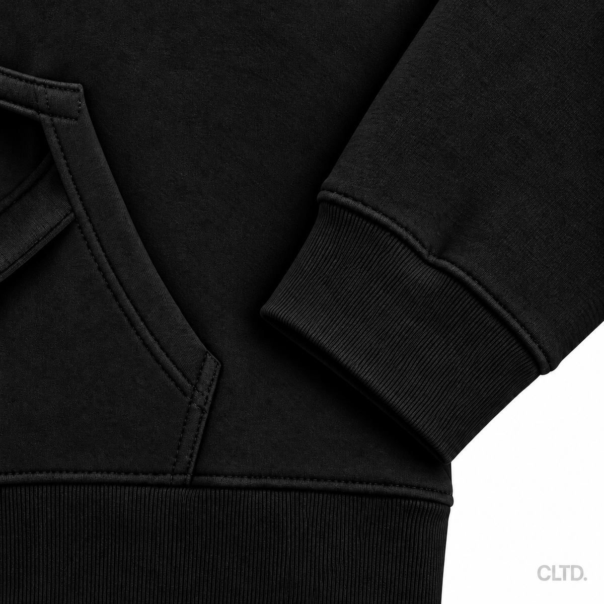 Cultured black heavyweight hoodie cuff and pocket detail with CLTD watermark