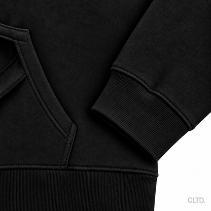Cultured black heavyweight hoodie cuff and pocket detail with CLTD watermark