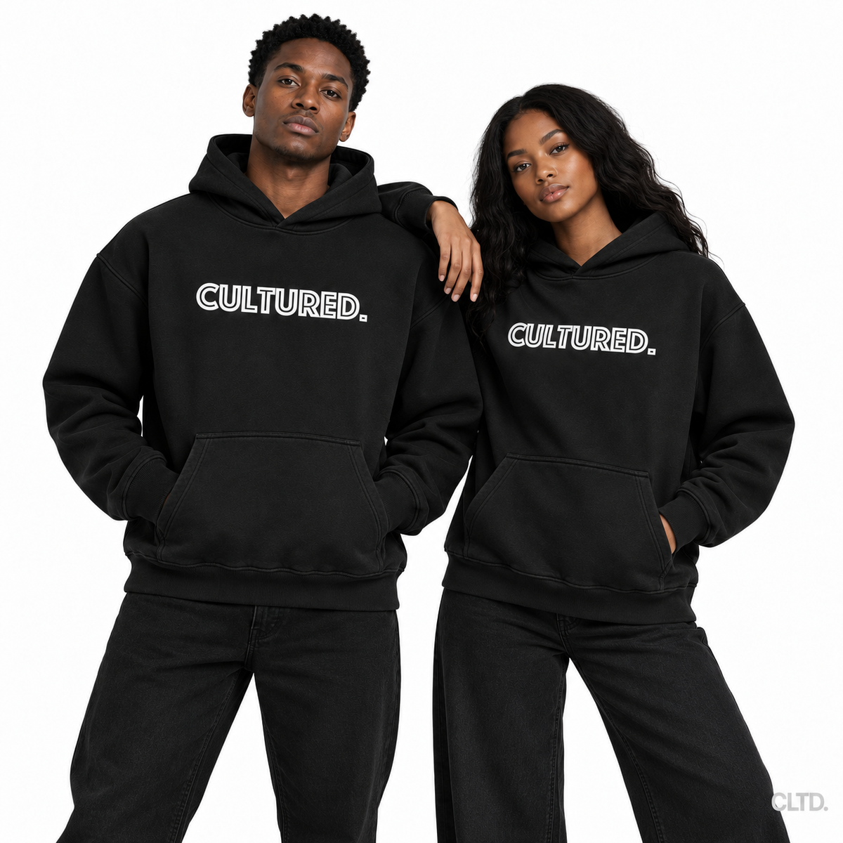 Male and female models wearing Cultured black heavyweight hoodies with CLTD watermark