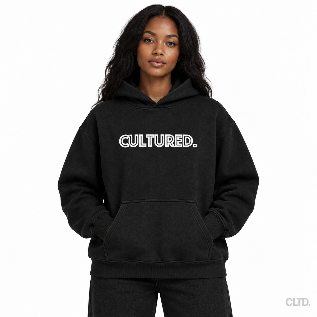 Female model wearing Cultured black heavyweight hoodie front view with CLTD watermark