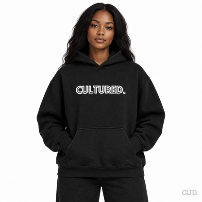 Female model wearing Cultured black heavyweight hoodie front view with CLTD watermark