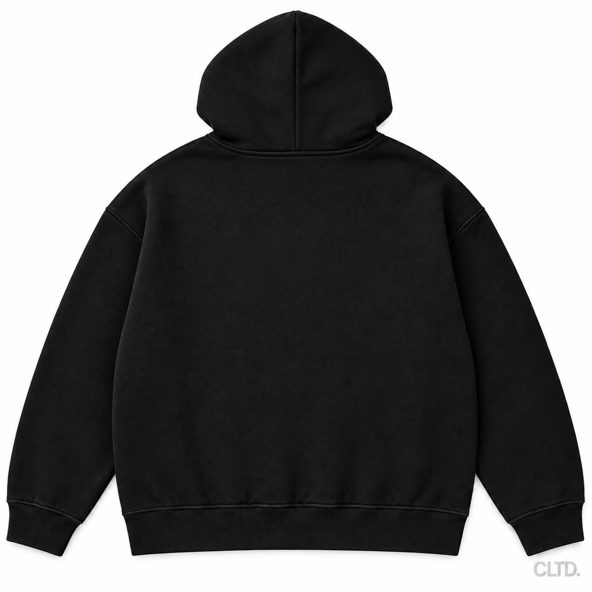 Cultured black heavyweight hoodie flat back view with CLTD watermark