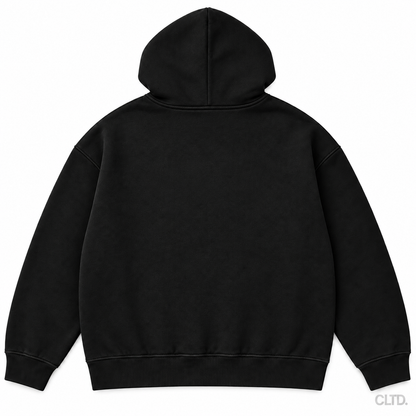 Cultured black heavyweight hoodie flat back view with CLTD watermark