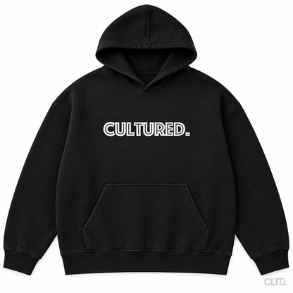 Cultured black heavyweight hoodie flat front view with CLTD watermark