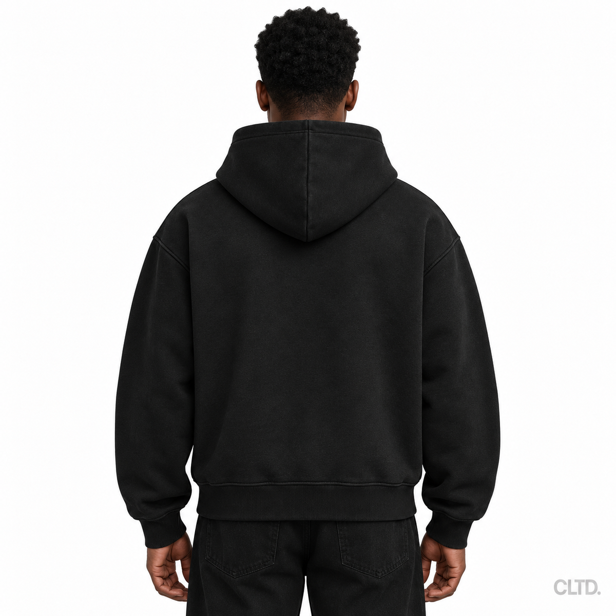 Male model wearing Cultured black heavyweight hoodie back view with CLTD watermark