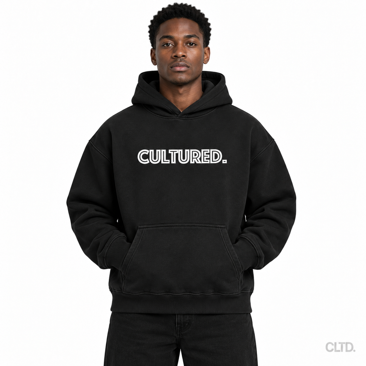 Male model wearing Cultured black heavyweight hoodie front view with CLTD watermark