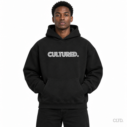 Male model wearing Cultured black heavyweight hoodie front view with CLTD watermark