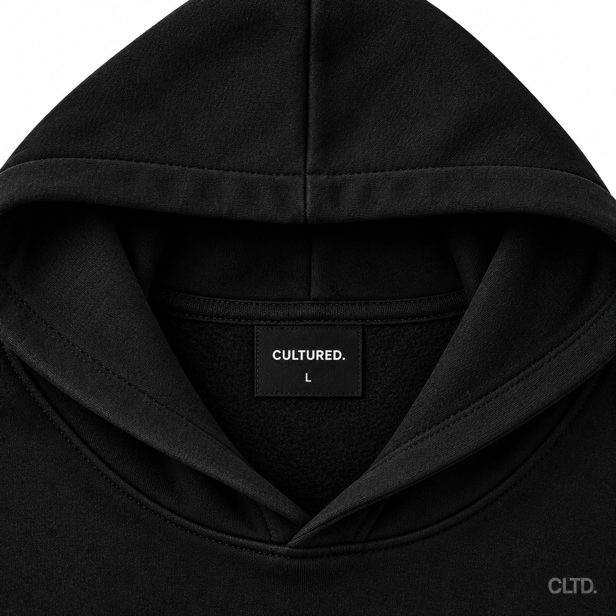 Cultured hoodie neck label size L close-up with CLTD watermark