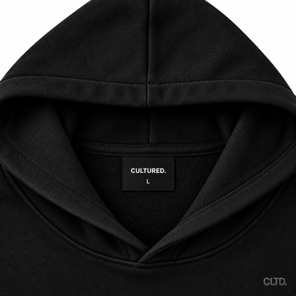 Cultured hoodie neck label size L close-up with CLTD watermark