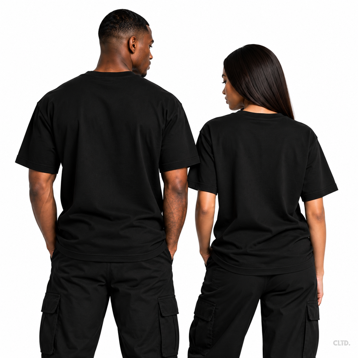 Male and female models wearing CULTURED. black T-shirts, back view, subtle CLTD. watermark
