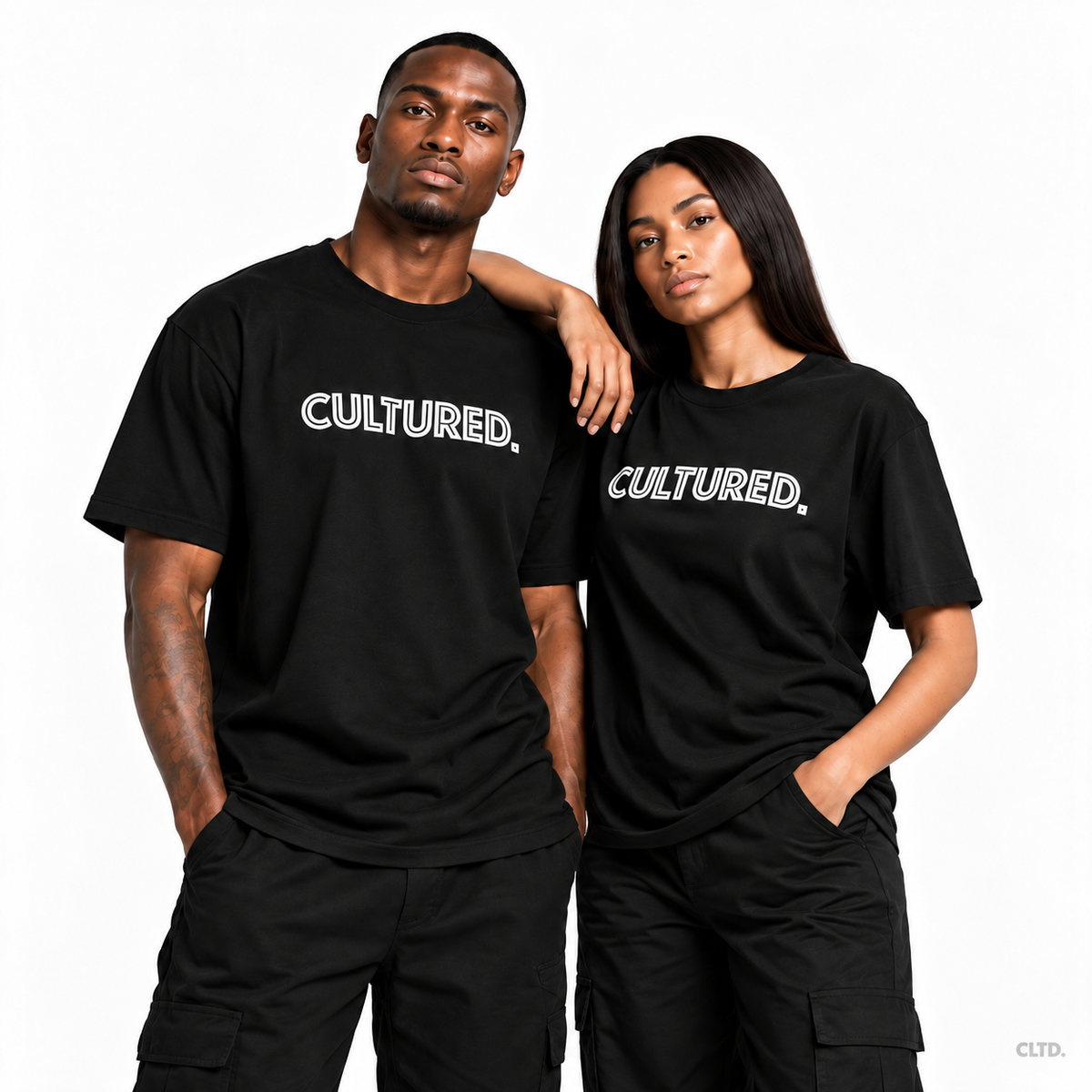 Male and female models wearing CULTURED. black T-shirts, front view, subtle CLTD. watermark