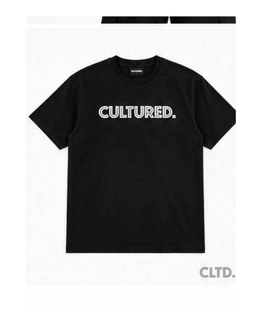 Cultured black T-shirt flat front, native proportion 4:5, CLTD watermark