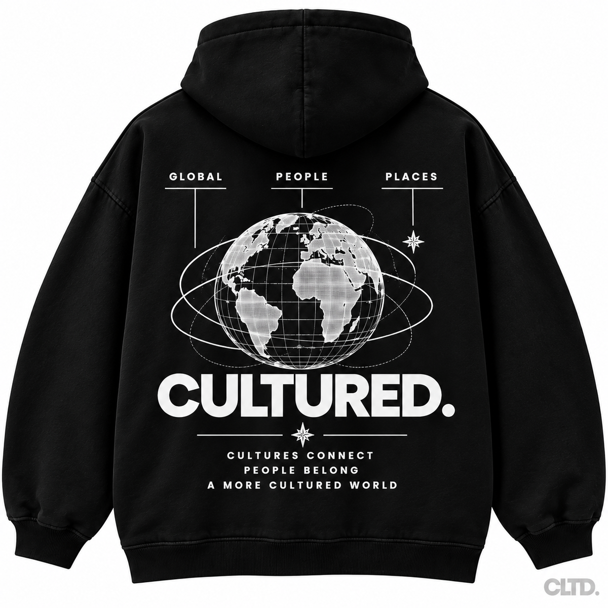 CULTURED. World Hoodie black back with CLTD. watermark