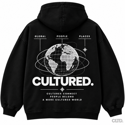 CULTURED. World Hoodie black back with CLTD. watermark