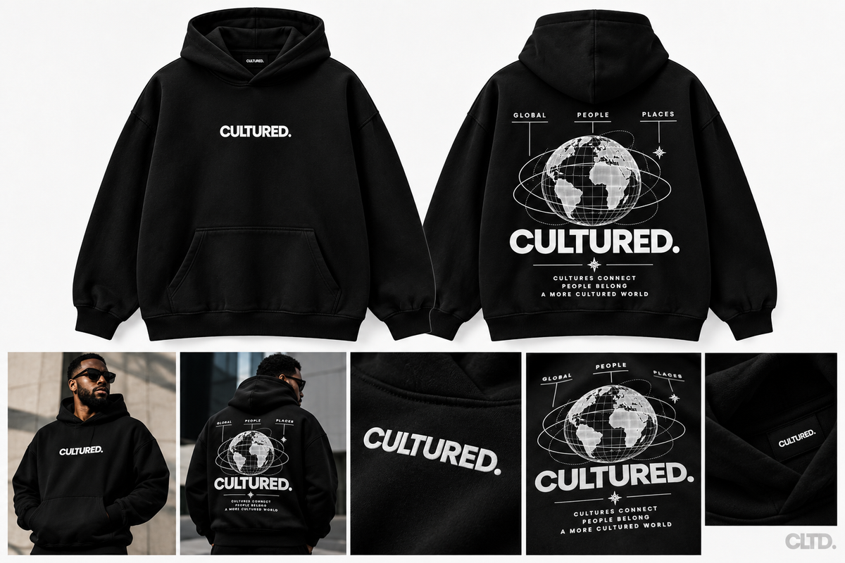 CULTURED. World Hoodie Black front and back with CLTD. watermark