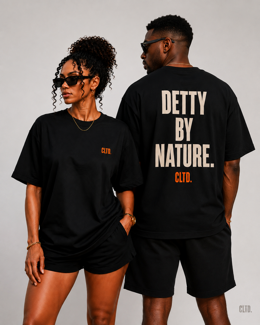 Male and female models wearing Detty By Nature CLTD. black T-shirts