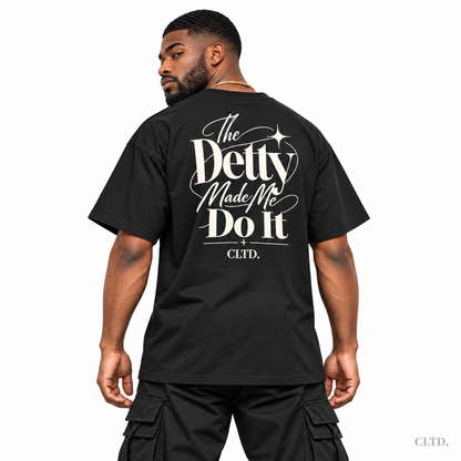 T-Shirt — The Detty Made Me Do It Style 2, male model back view showing cream artwork