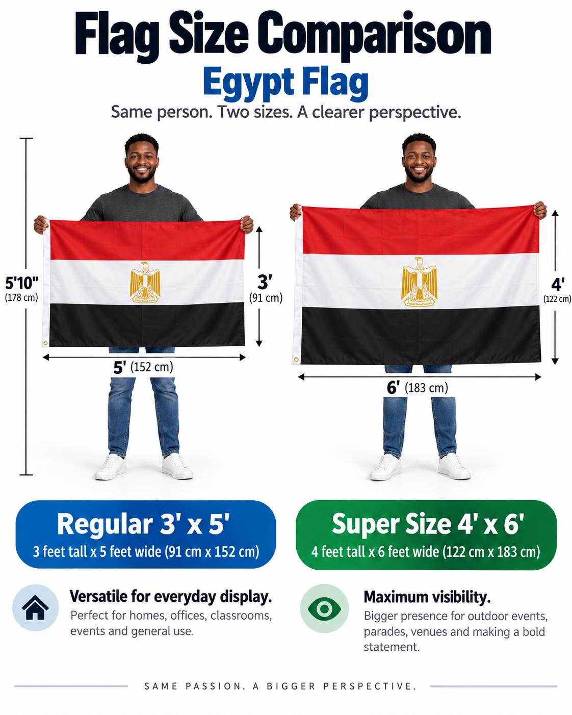 Egypt flag size comparison - Regular 3 x 5 and Super Size 4 x 6