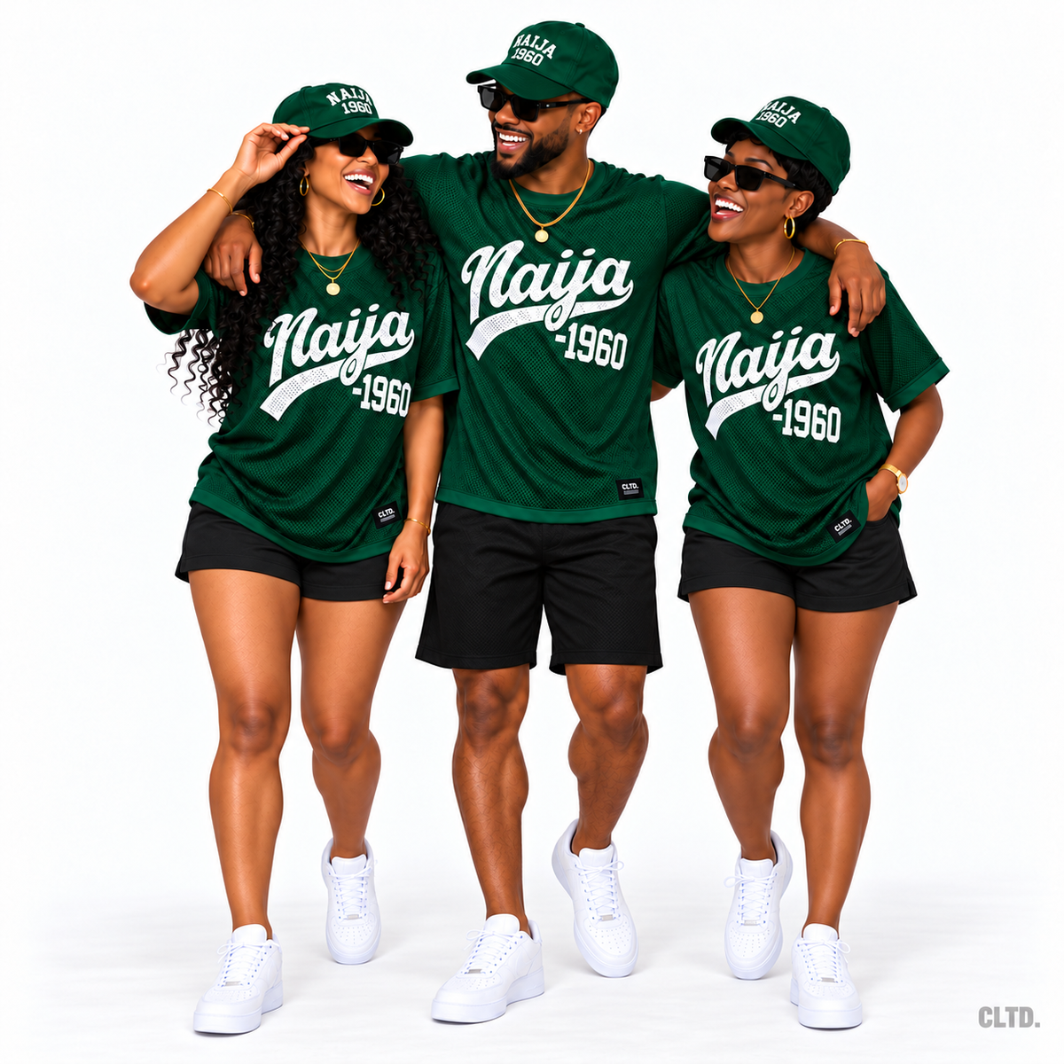 Naija 1960 green mesh jersey front — smiling trio in black shorts