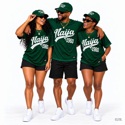 Naija 1960 green mesh jersey front — smiling trio in black shorts