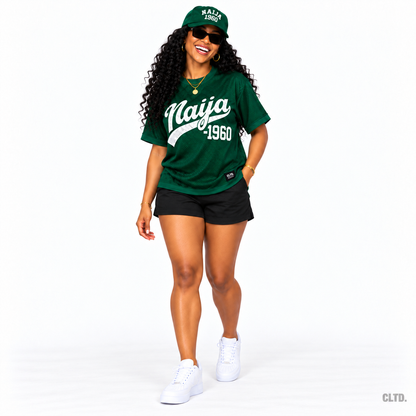 Long-haired female model wearing the green Naija 1960 mesh jersey