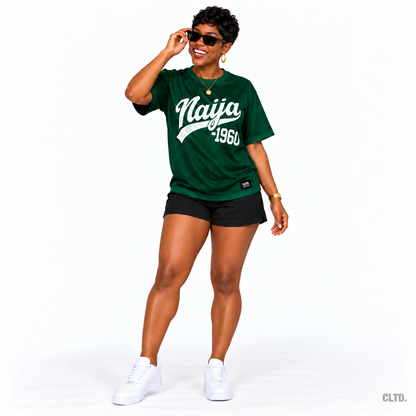 Short-haired female model in green Naija 1960 mesh jersey without a hat